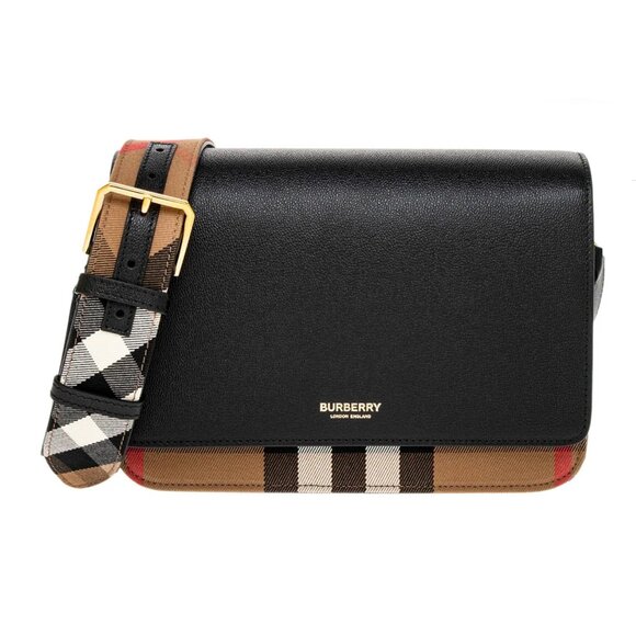 Burberry Mackford House Check Canvas Black Leather Shoulder Bag with strap - Picture 1 of 16